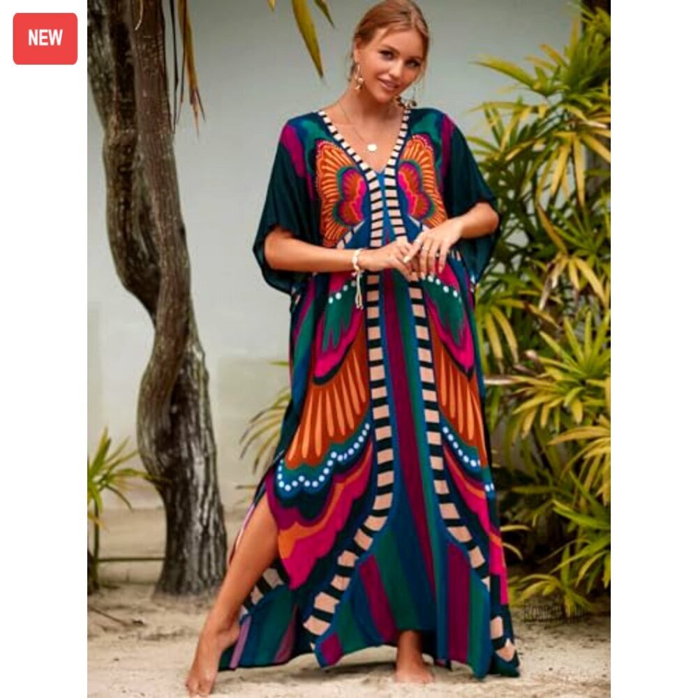 Plus Size Kaftan Maxi Beach Dress Cover Up Flowing Synthetic Silk - Picture 7 of 8